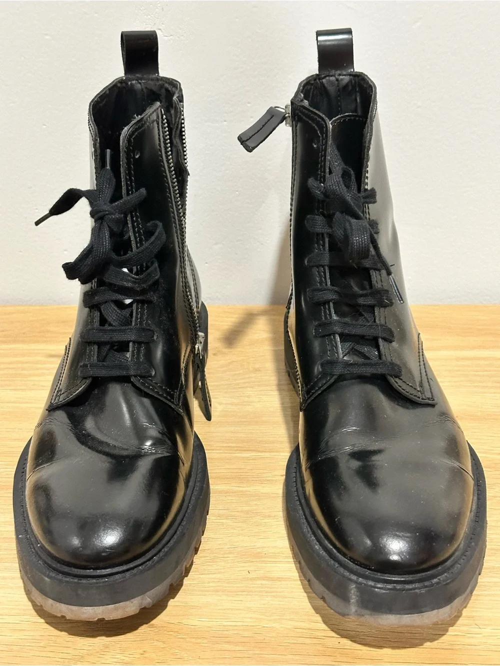 Zara Black Lace-Up Leather Zip Combat Boots